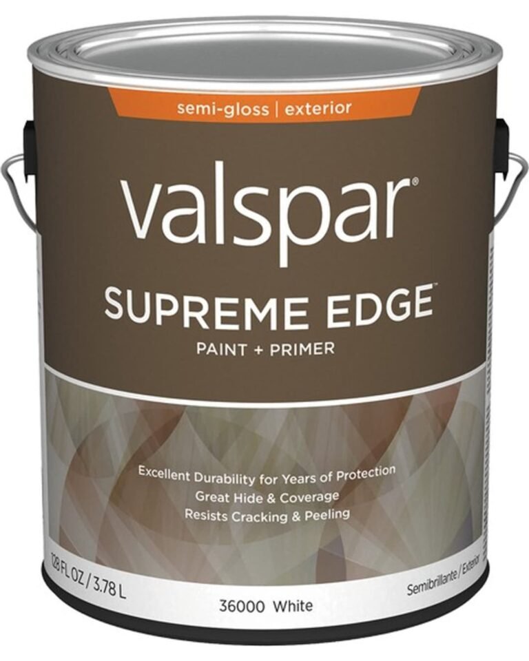 1 Gallon can of Valspar Supreme Edge Exterior Paint & Primer in ready-to-use Semi-Gloss White.